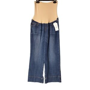 Luxe Essentials Denim Maternity Wide Leg Jeans Blue Stretch Belly Size 28 Womens